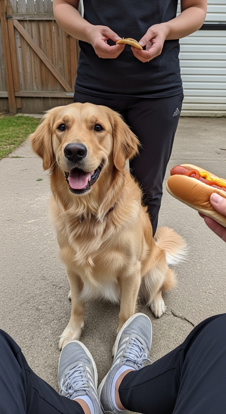 A dog is sitting next to a hot dog.