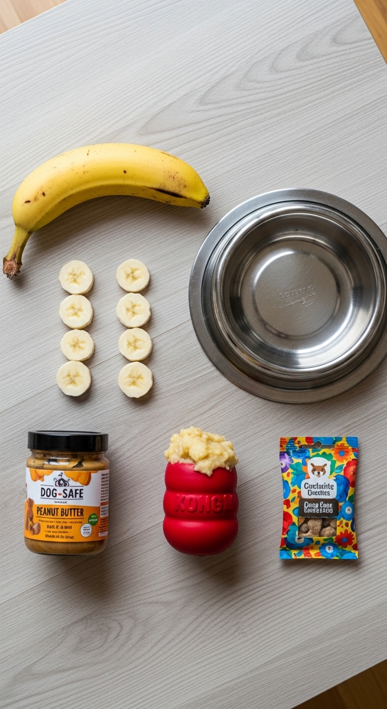 A banana and a dog bowl are on a table.