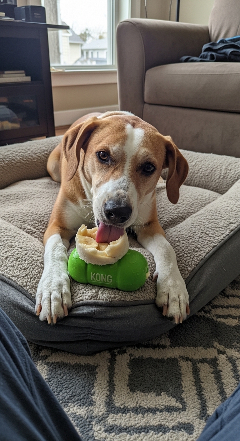 A dog licking a banana.