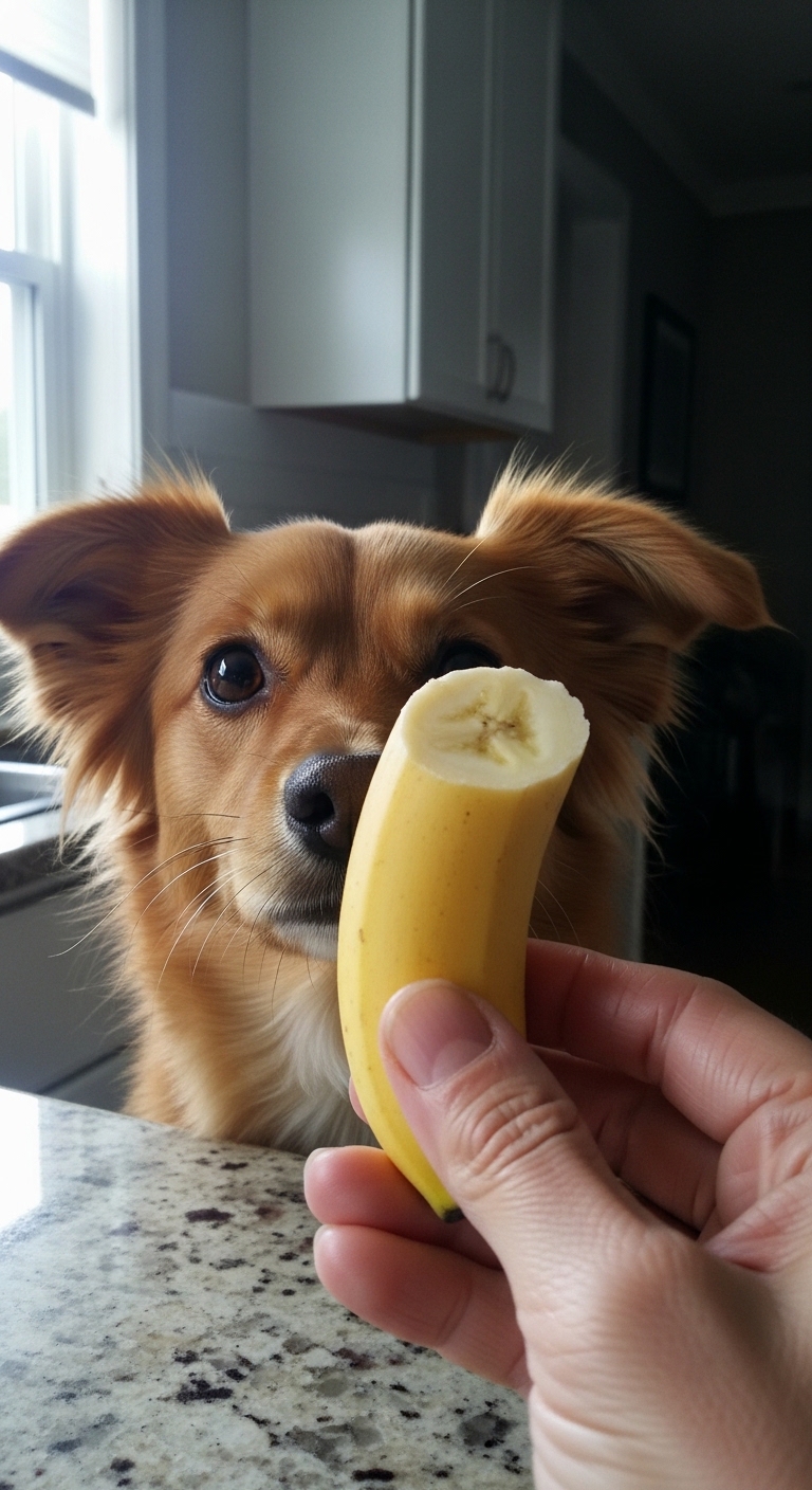 A dog is looking at a banana.