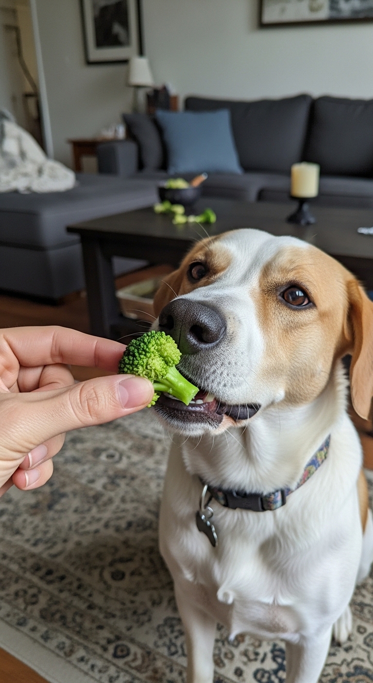 A dog eating broccoli.