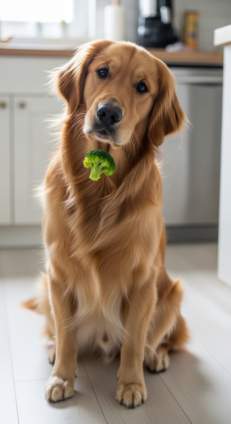A dog with a broccoli in its mouth.