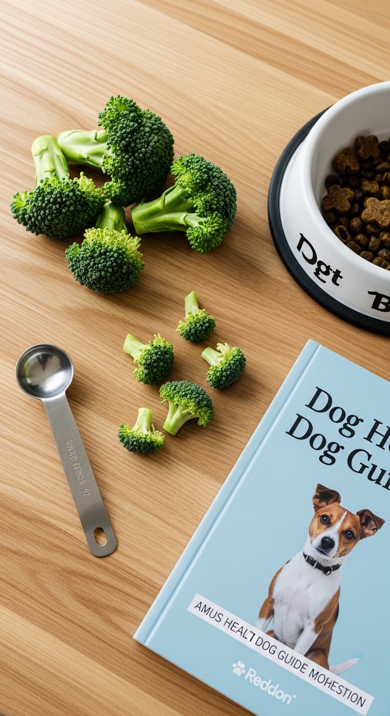 A book about dog food sits on a table next to a bowl of dog food and broccoli.