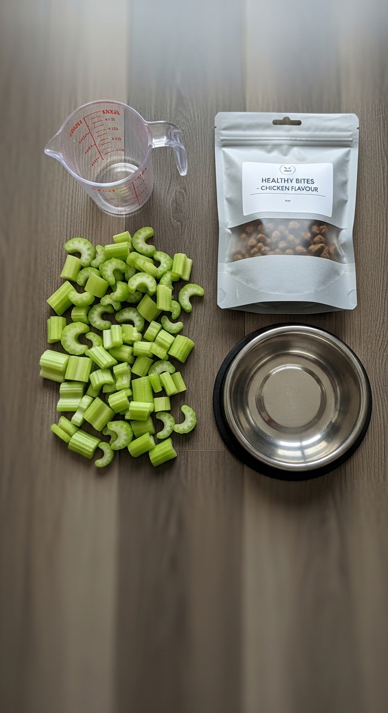 A bowl of food next to a bag of green vegetables.