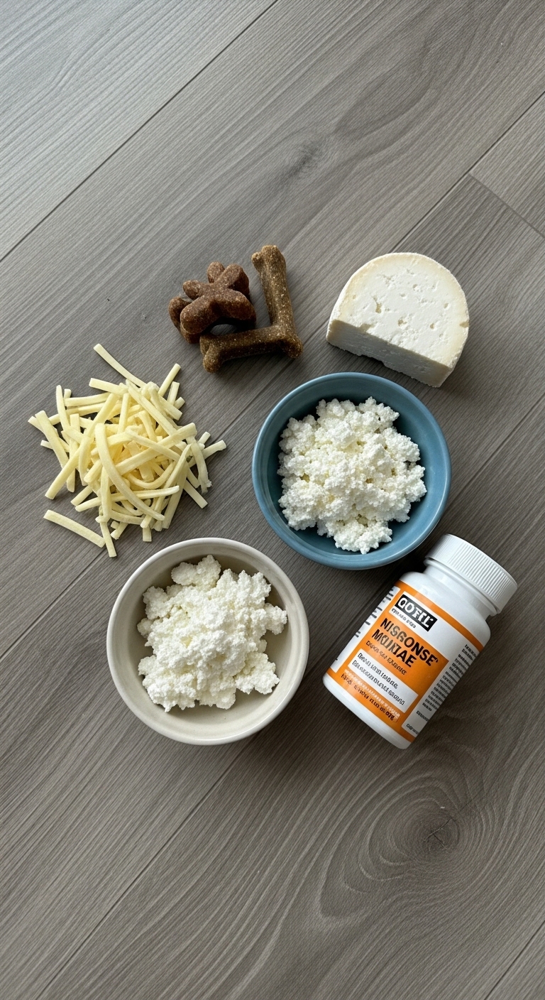 A bowl of cheese and a pill bottle of something.