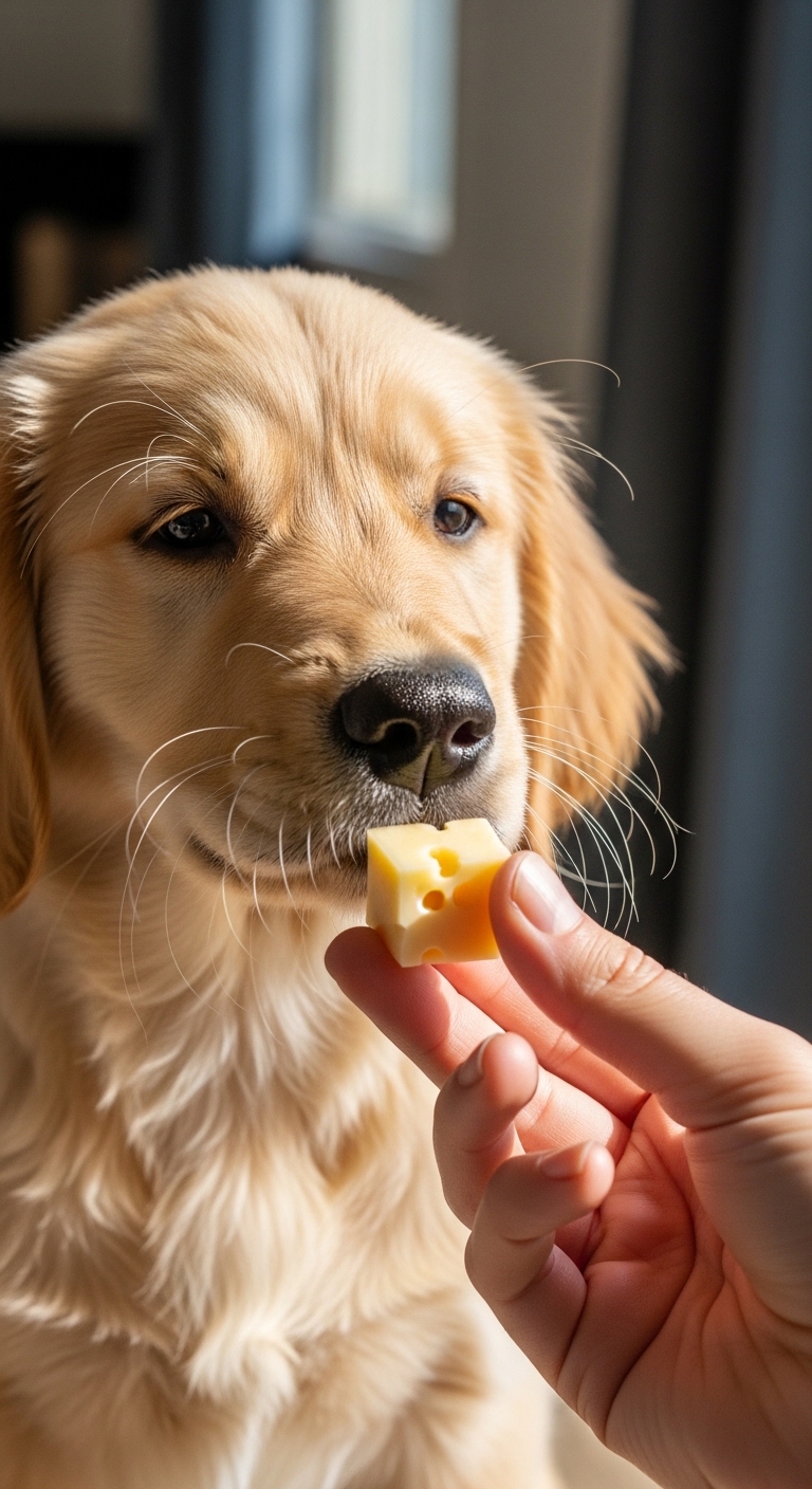 A dog eating cheese.