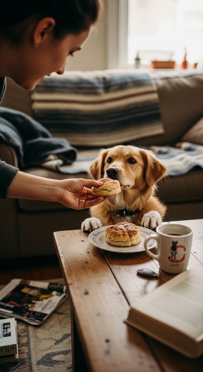 A dog is eating a pastry.