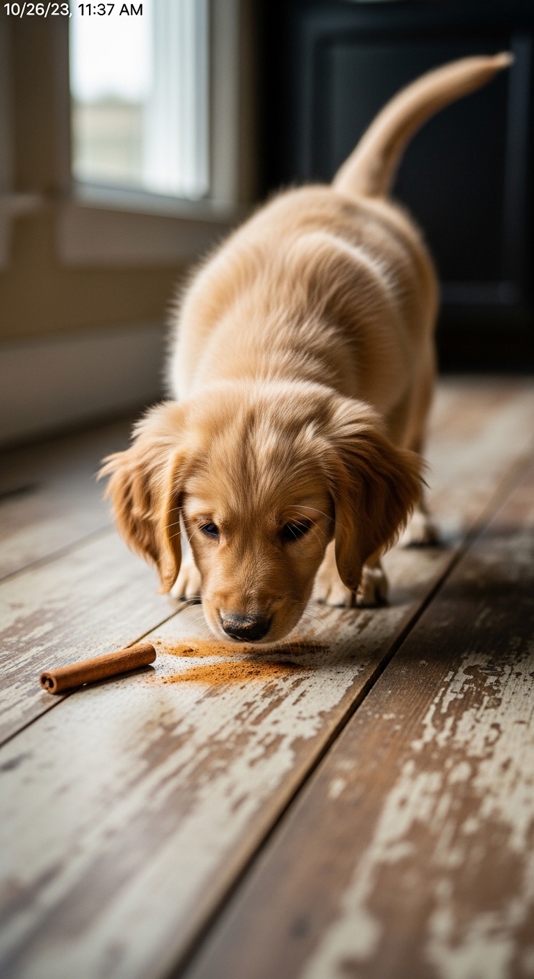 A dog sniffs a cinnamon stick.