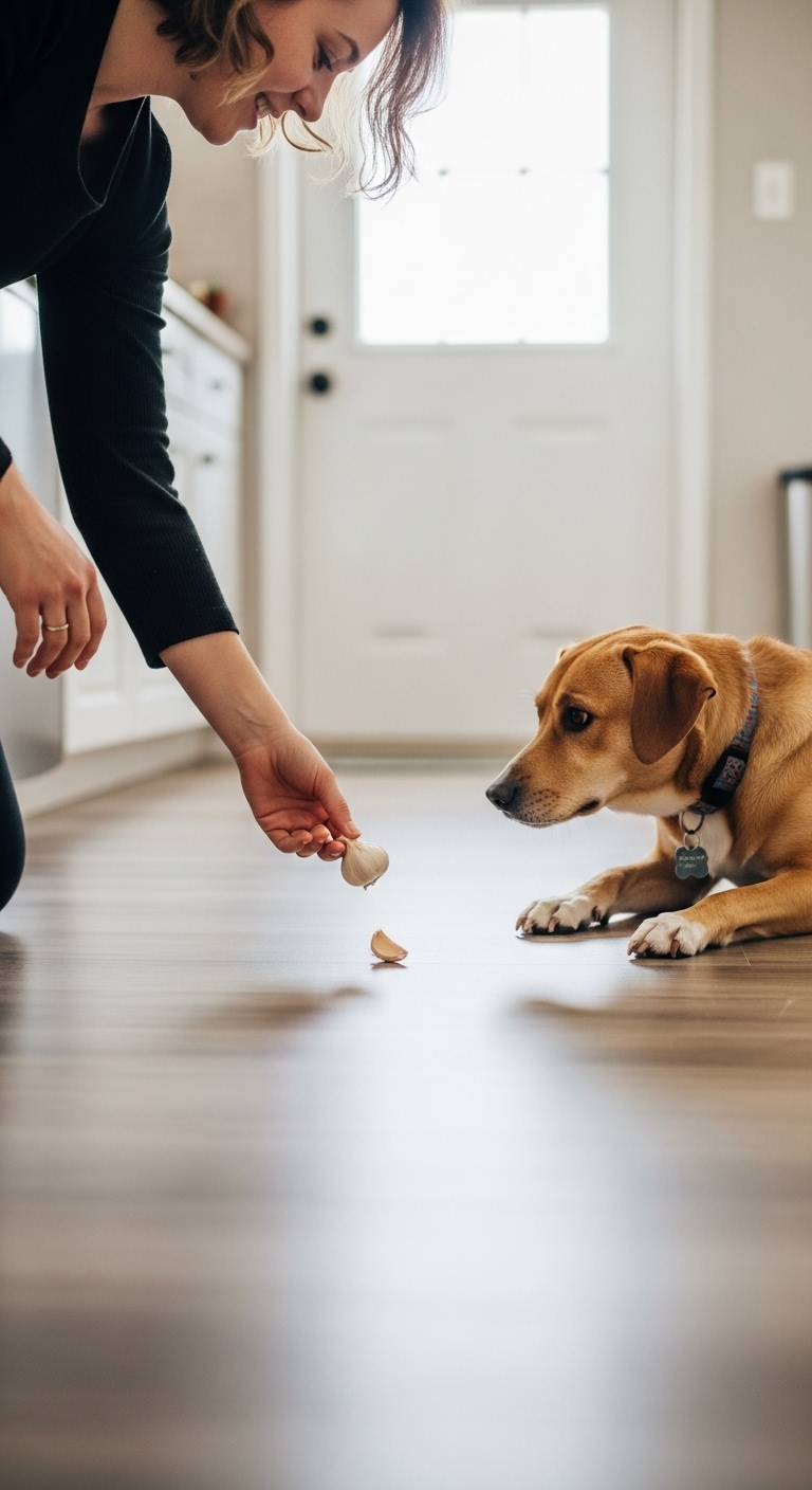 A dog is sitting on the floor and looking at a piece of garlic.