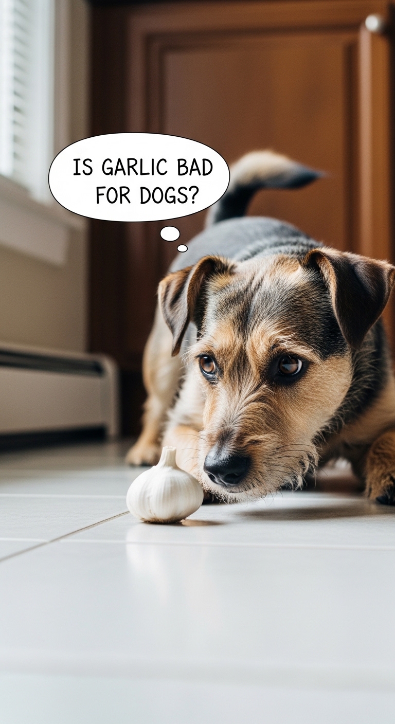 A dog is looking at a garlic clove.
