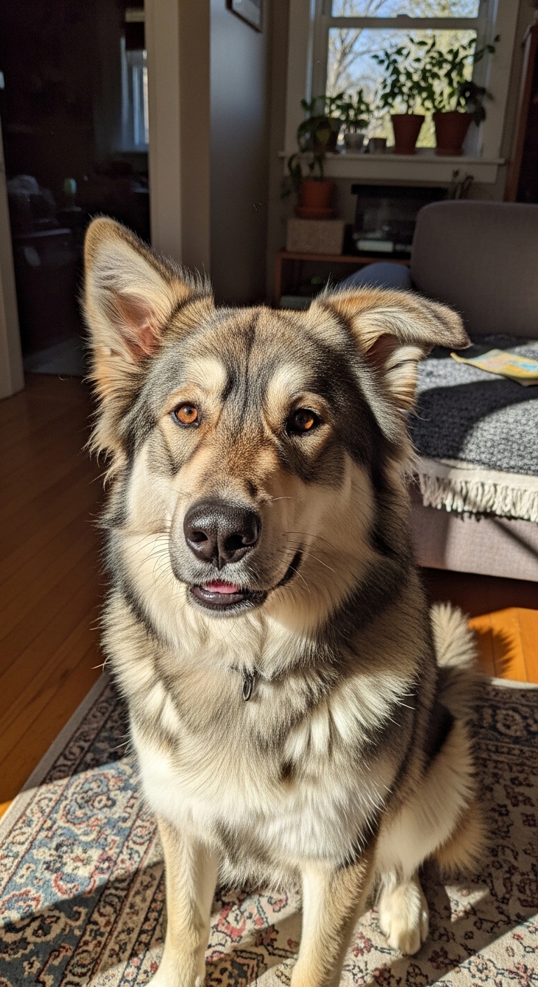 A dog with a goofy expression.