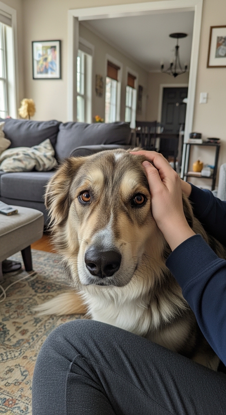 A person petting a goofy dog.