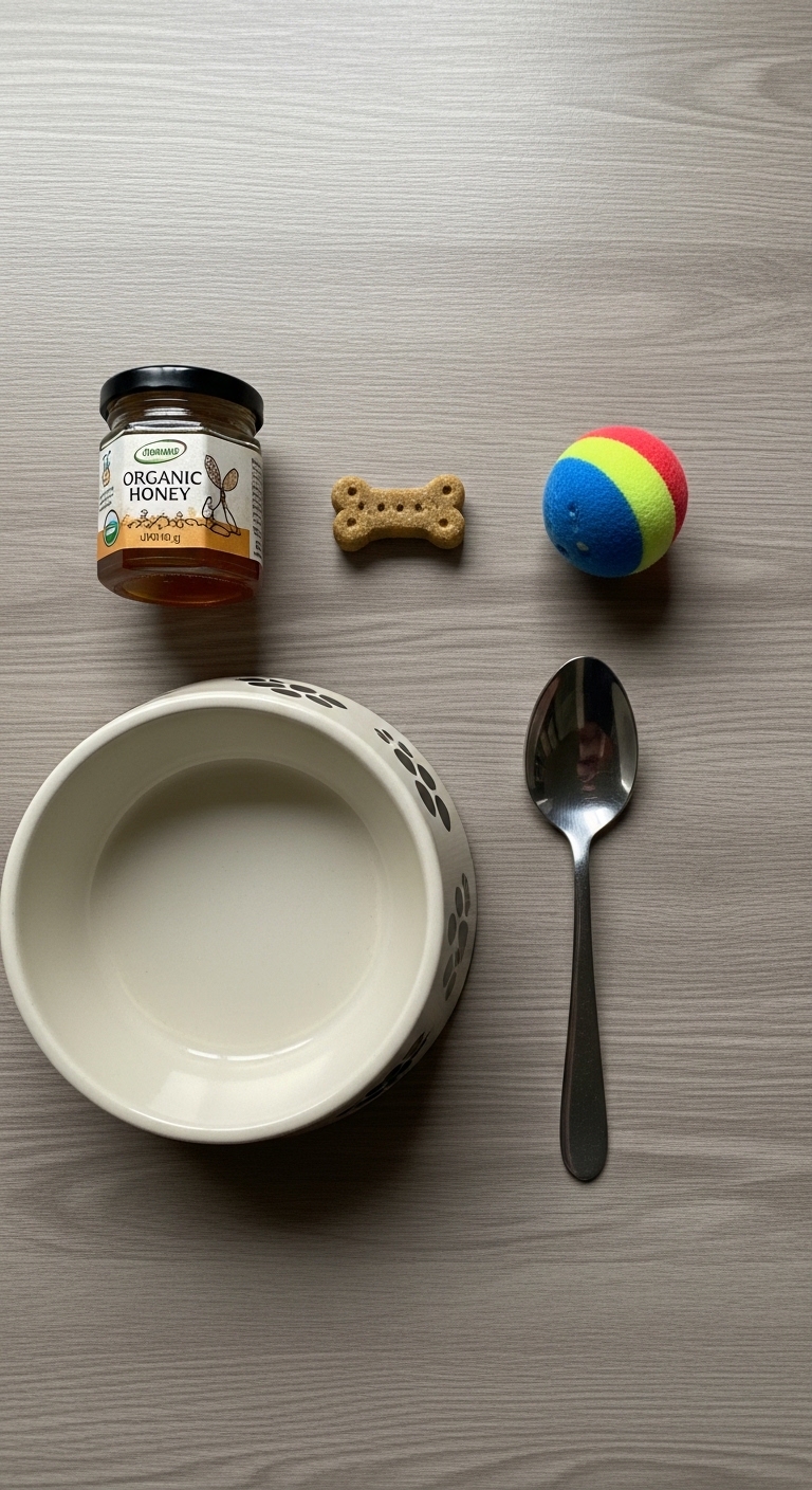 A bowl of food with a spoon and a jar of honey.