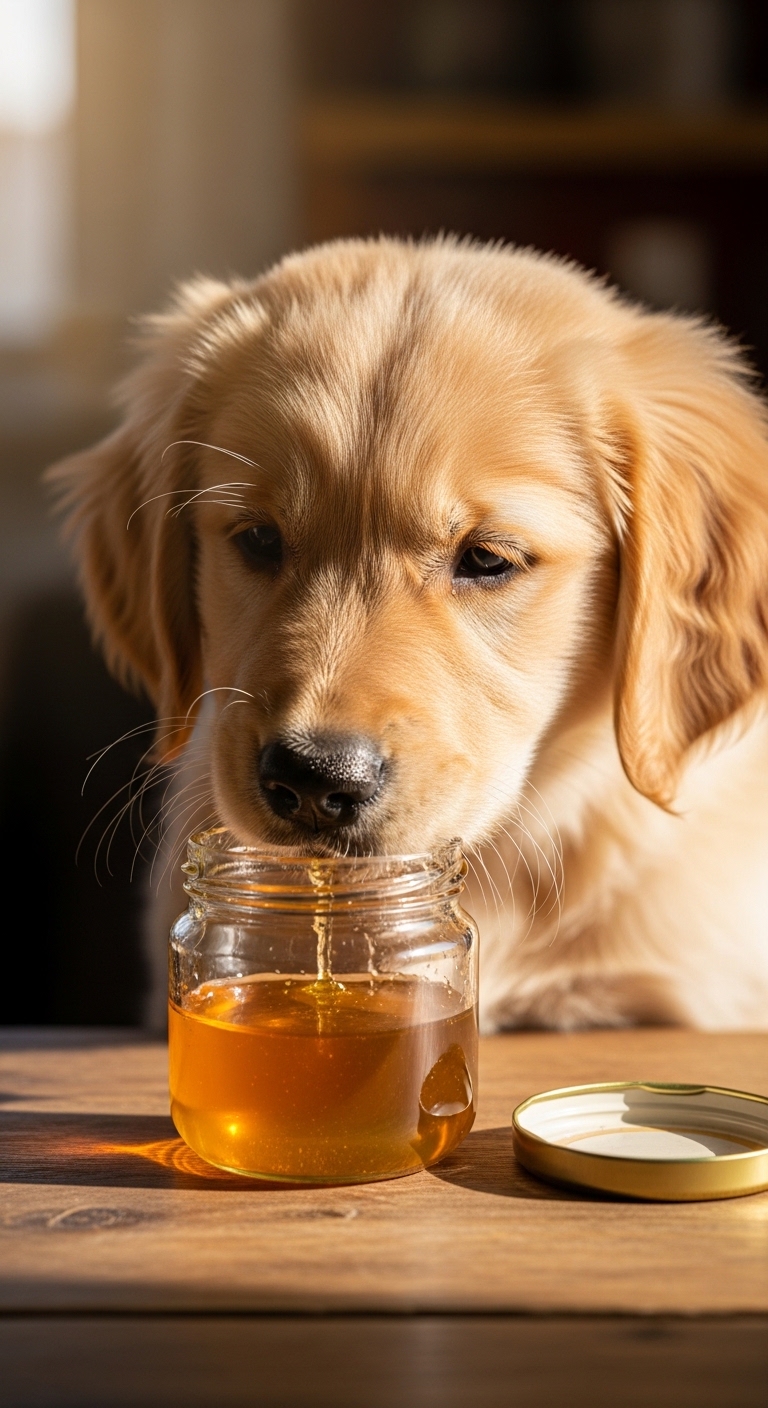 A dog is licking a jar of honey.