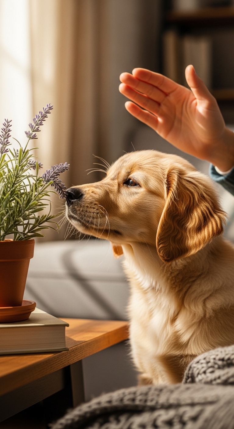 A dog sniffs a lavender plant.