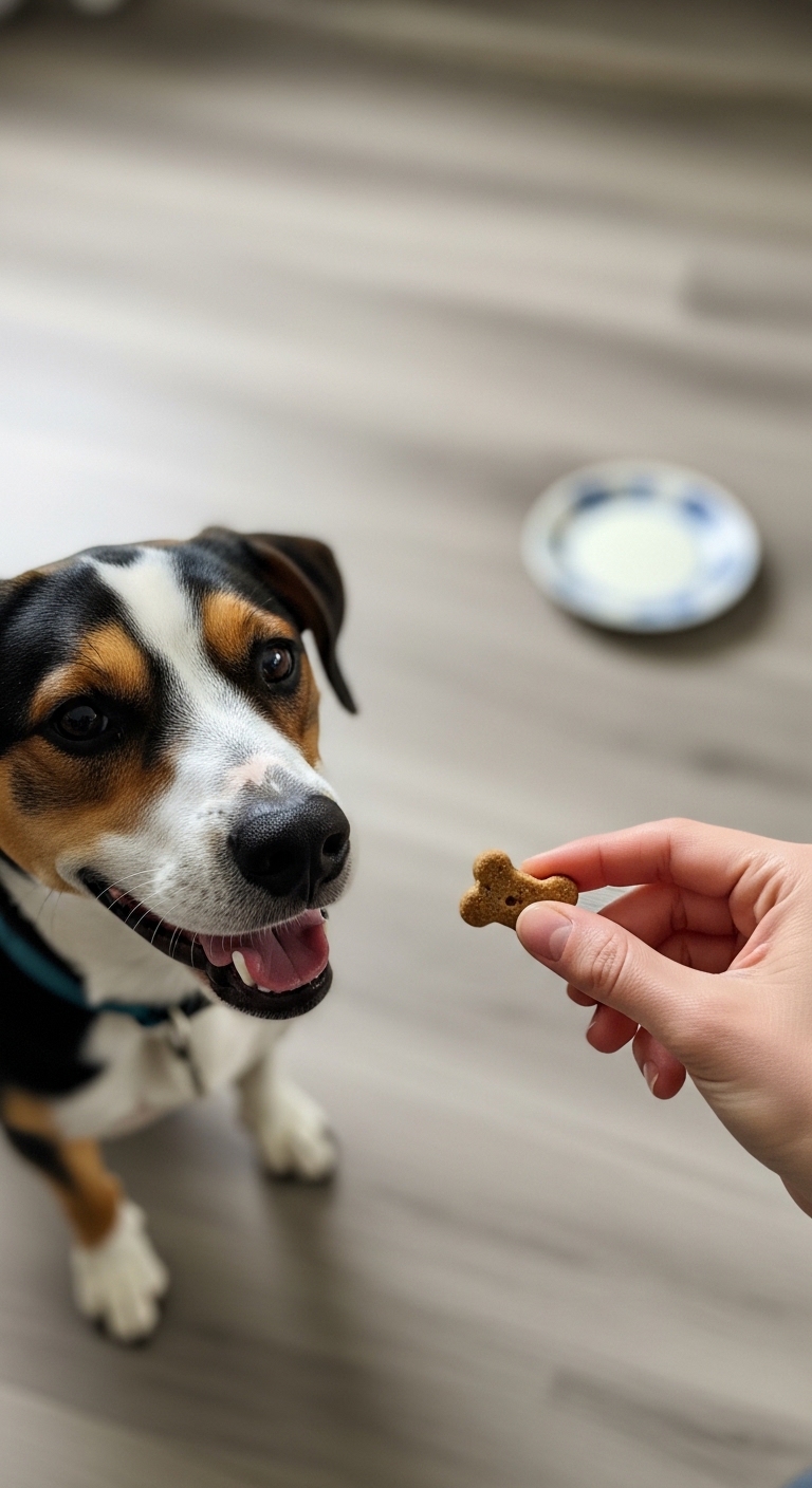 A dog is being fed a biscuit by a person.