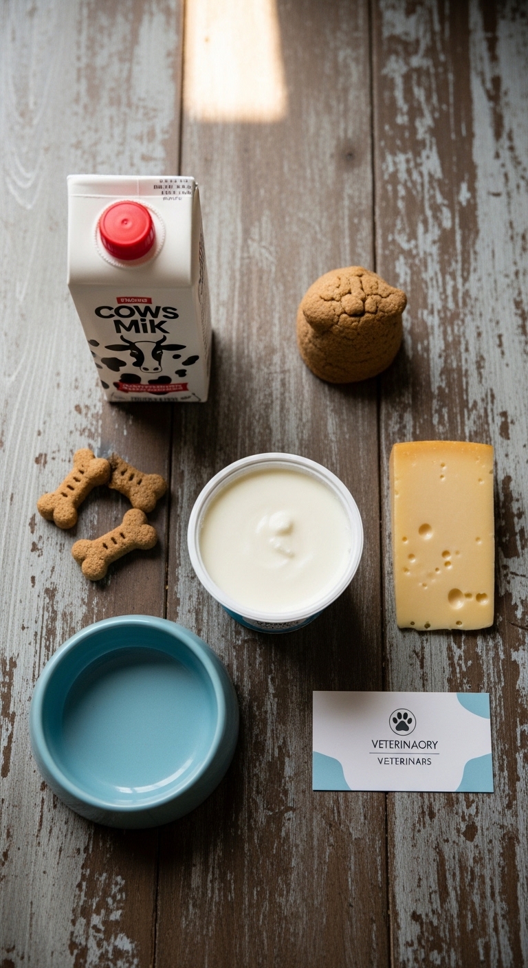 A bowl of dog food sits next to a carton of milk.
