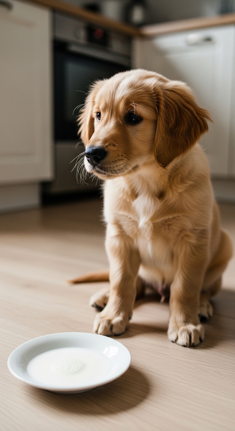 A dog is sitting on the floor in front of a refrigerator.