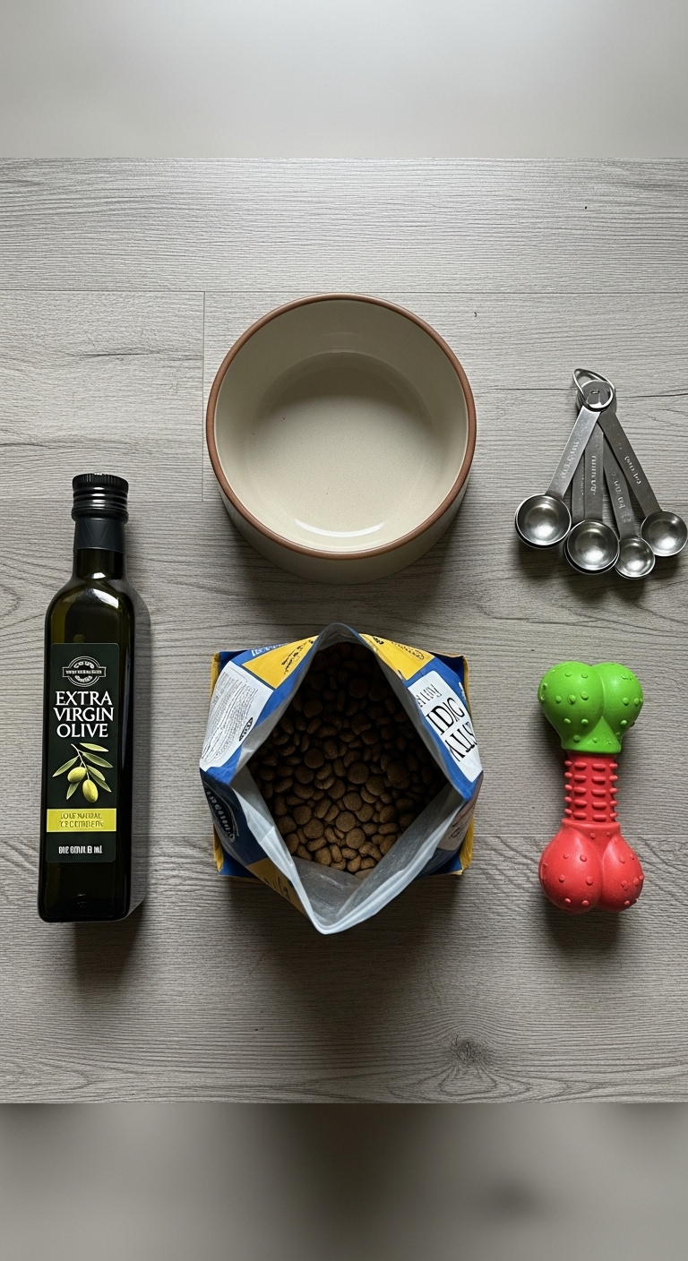 A bowl of olive oil and a bag of dog food.