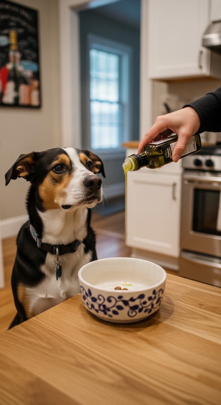 A dog is being fed olive oil.