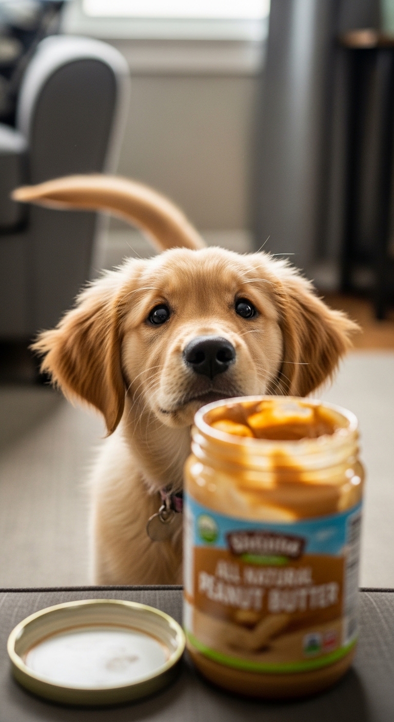 A dog is looking at a jar of peanut butter.