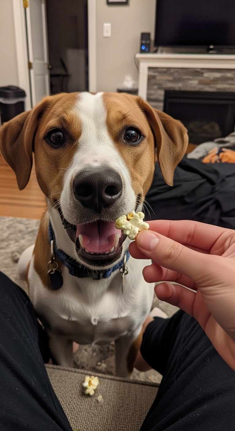 A dog is eating popcorn.
