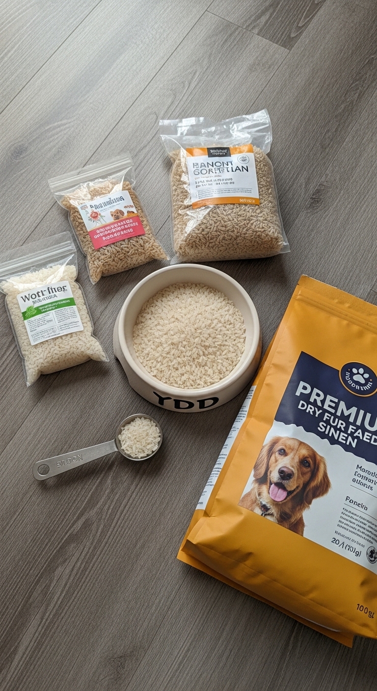 A bowl of rice sits next to a bag of dog food.