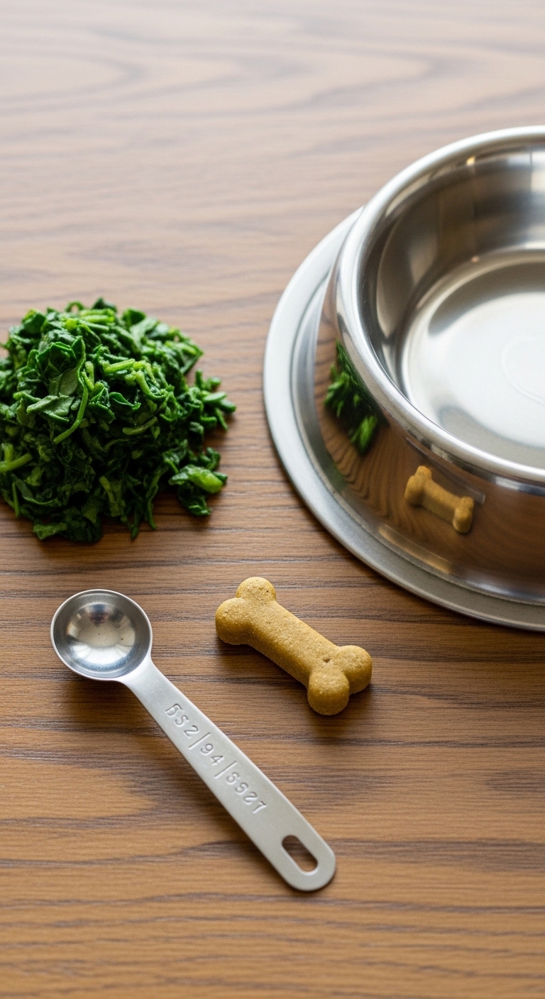 A bowl of dog food sits next to a spoonful of spinach.