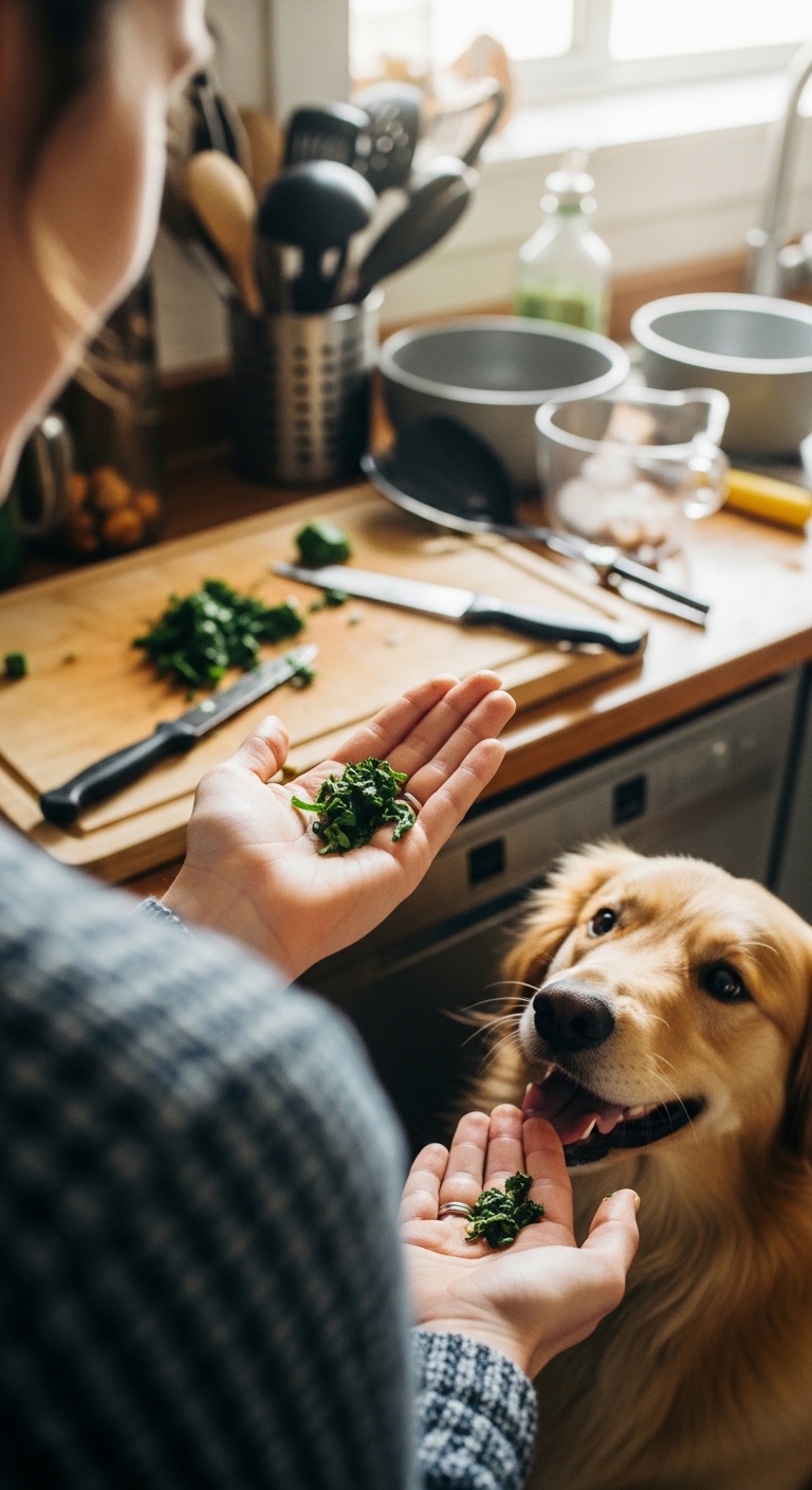 A person holding spinach for a dog.