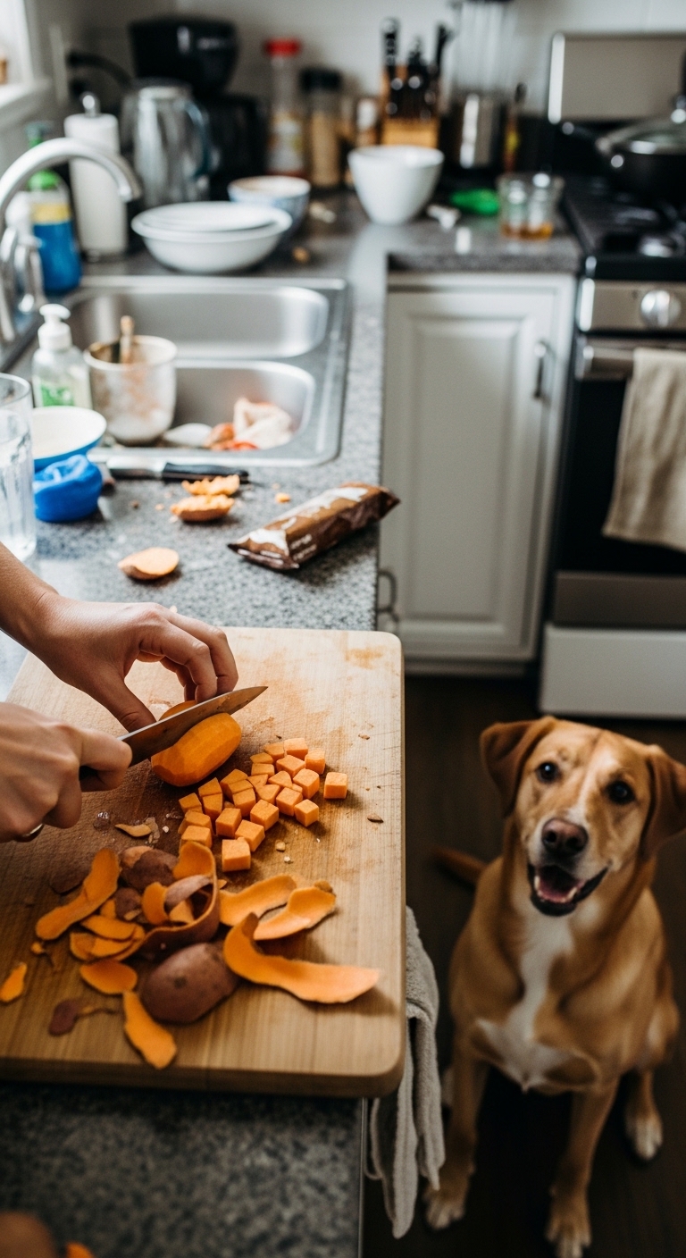 A person cutting sweet potatoes in a kitchen with a dog looking on.