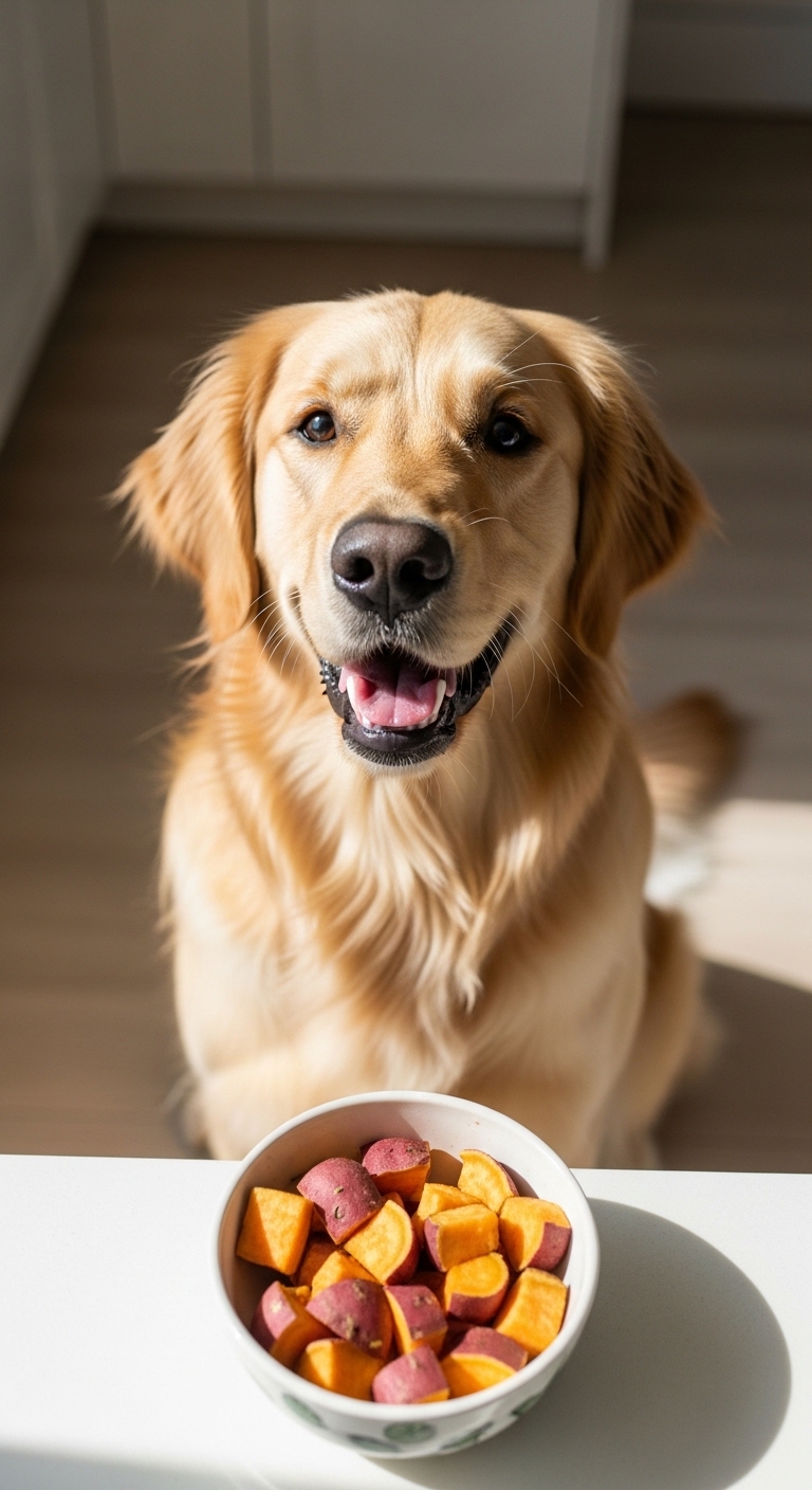 A dog is sitting in front of a bowl of food.