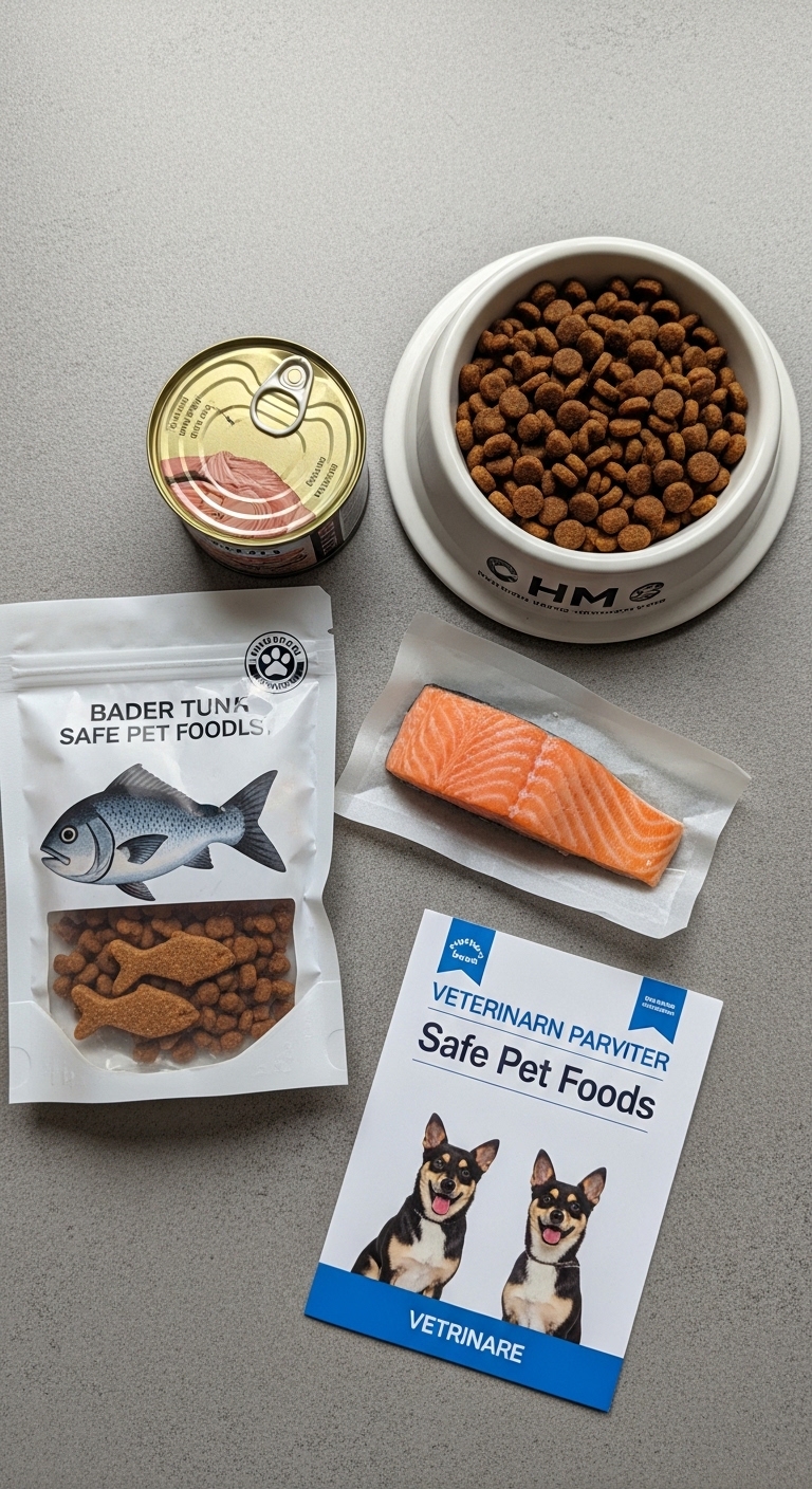 A can of tuna sits next to a bag of dog food.