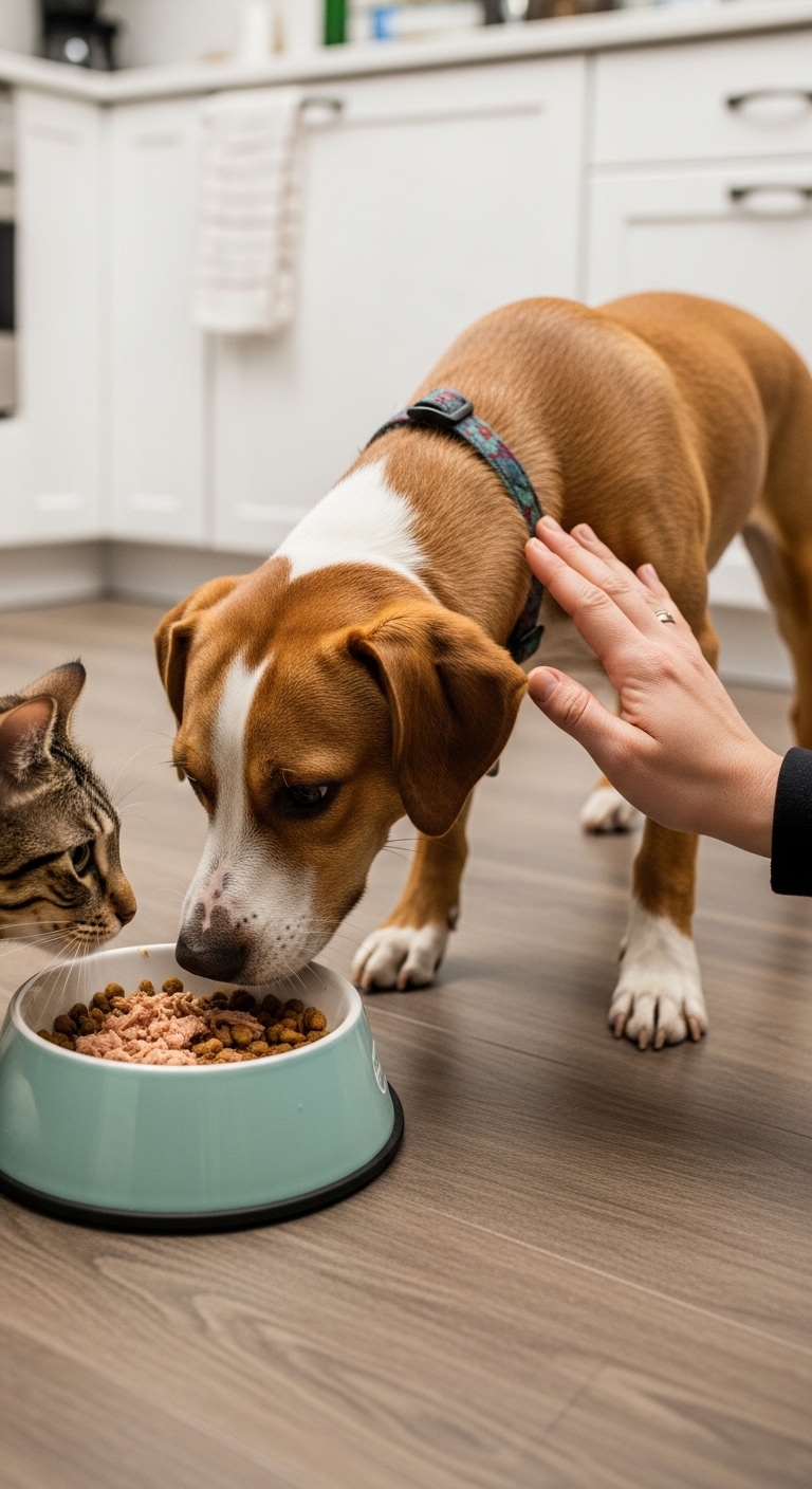 A dog eating food from a bowl.