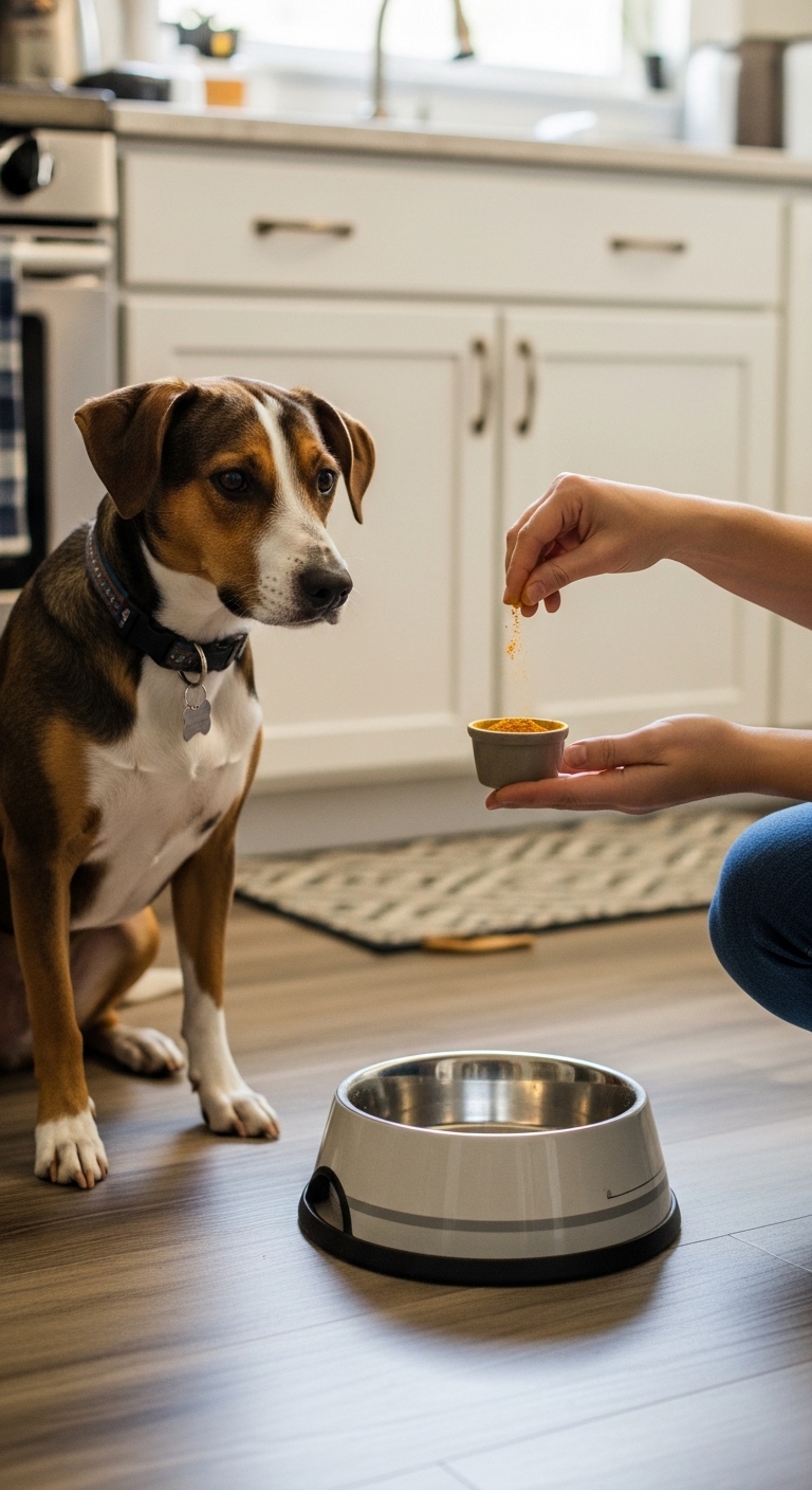 A dog is eating food from a bowl.