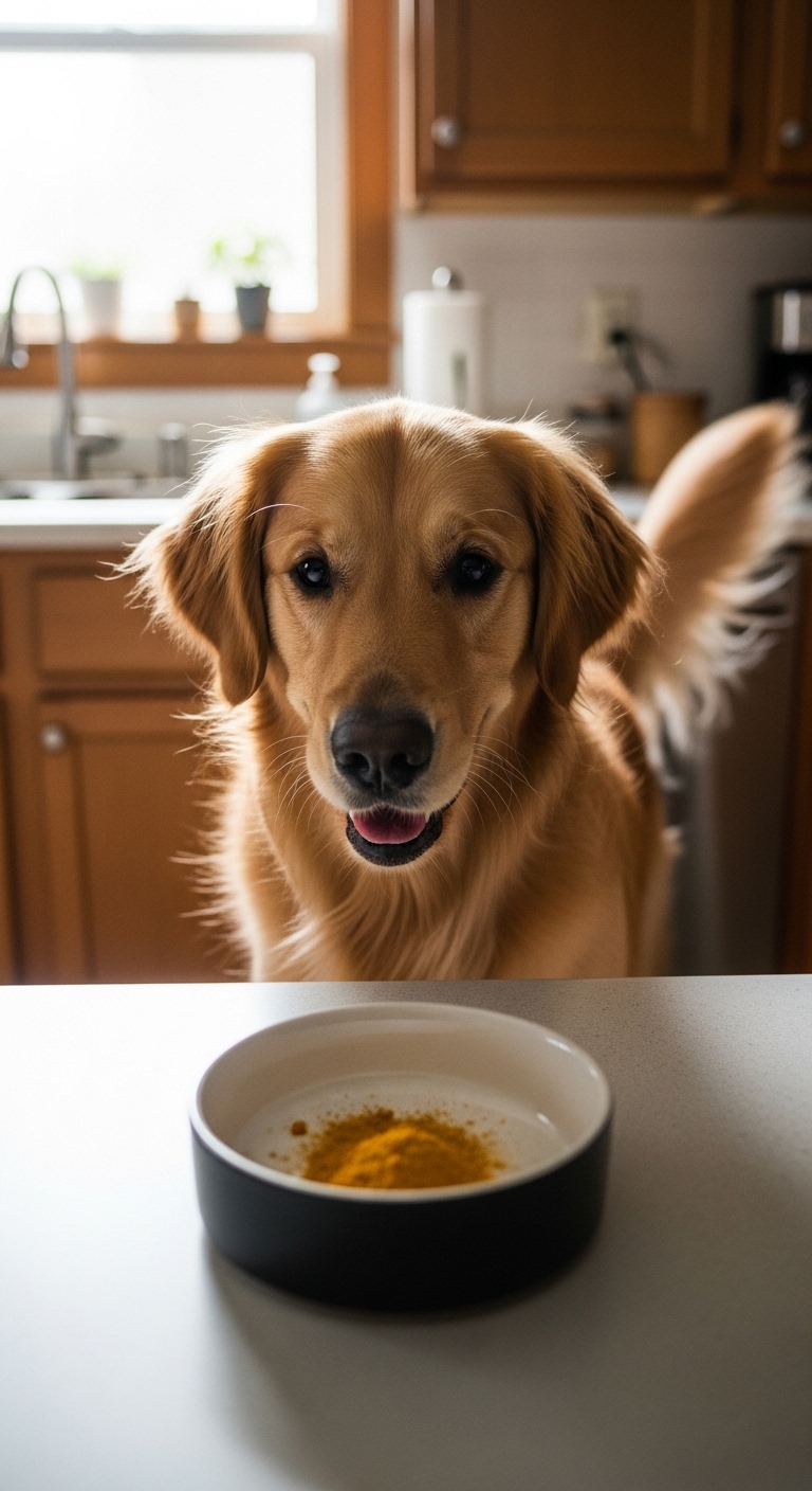 A dog is looking at a bowl of turmeric.