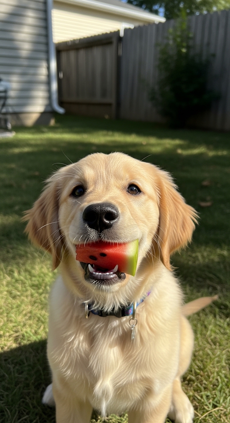 A dog holding a watermelon in its mouth.