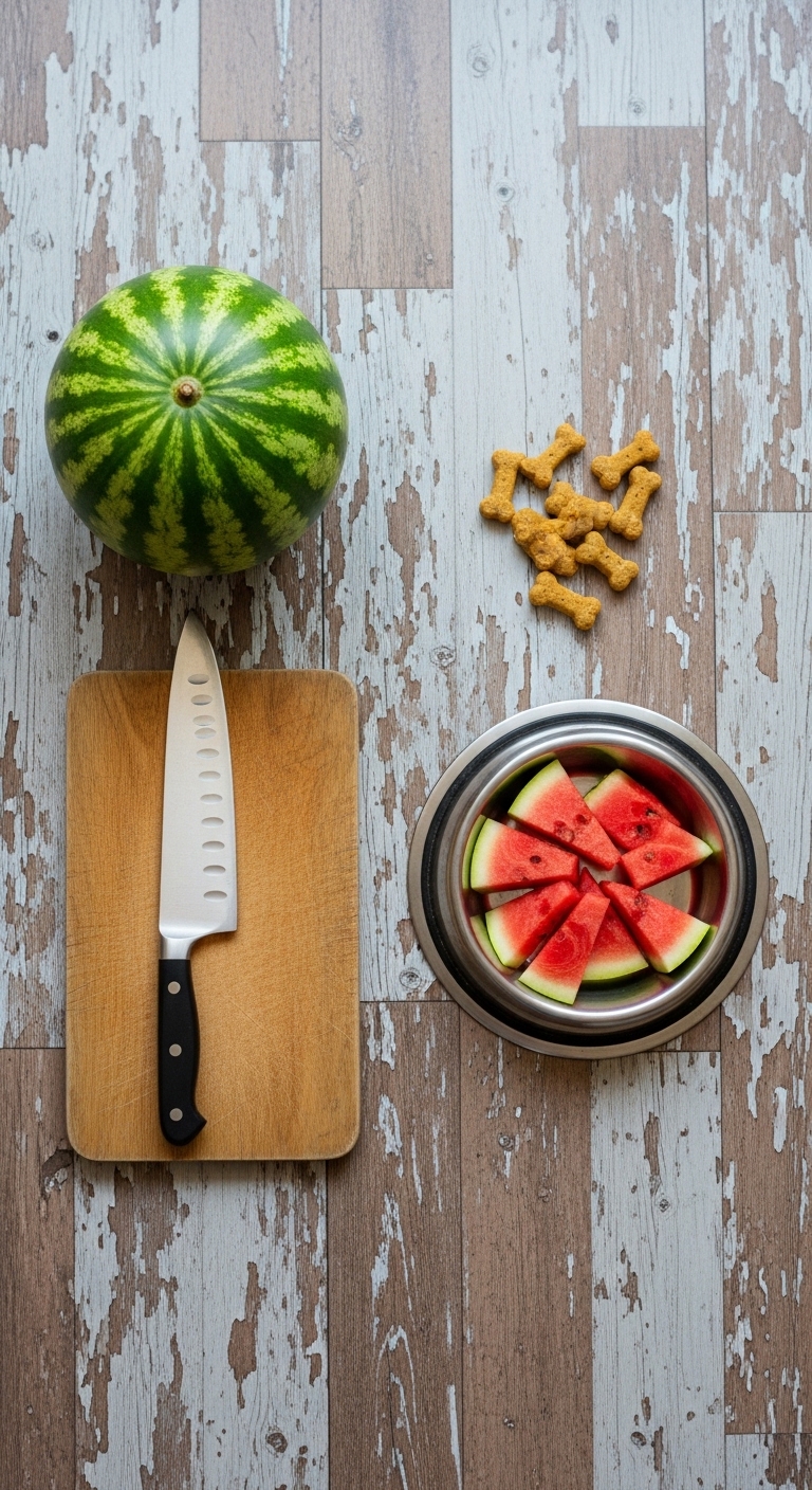 A knife, a bowl of watermelon, and a bag of dog food are on a table.
