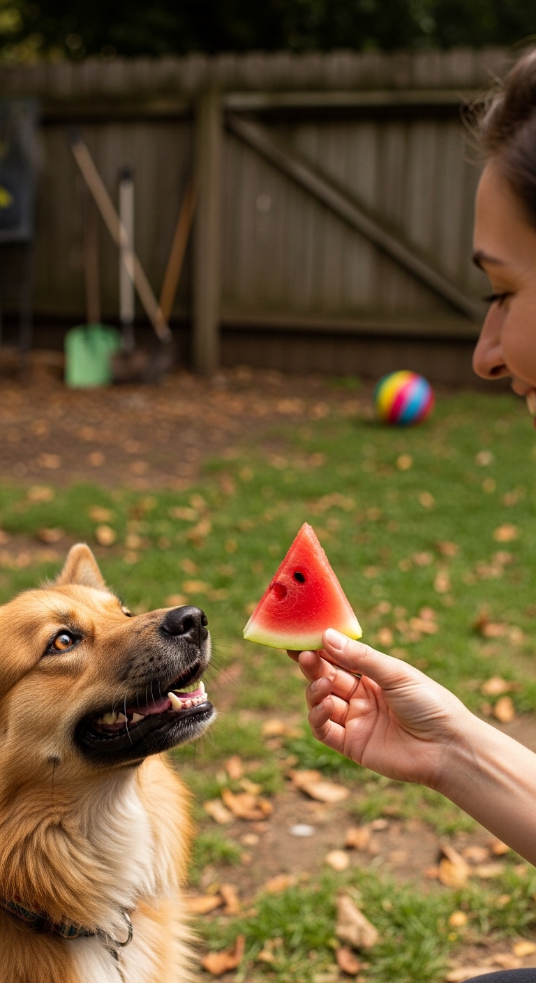 A dog is eating a slice of watermelon.