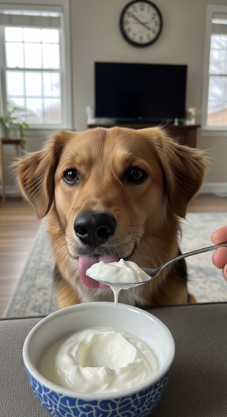 A dog eating yogurt from a spoon.