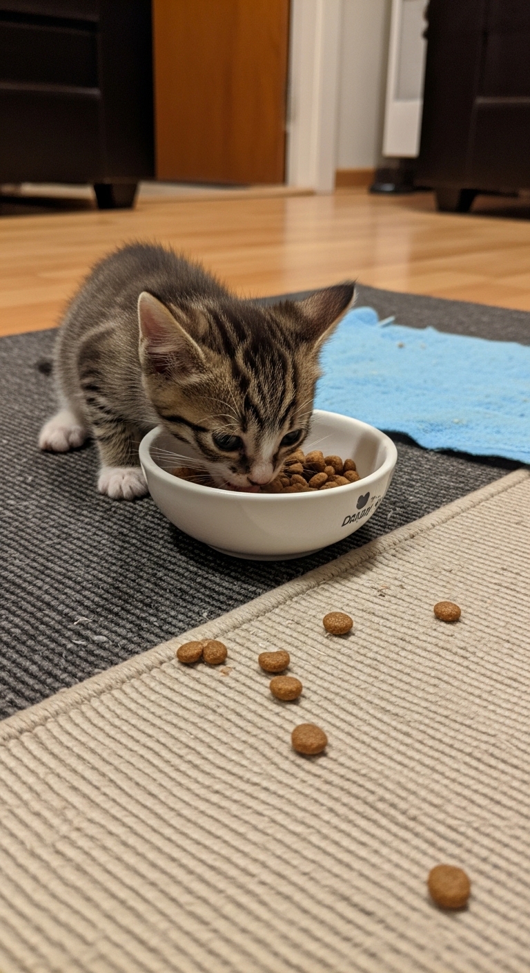 A kitten eating food from a bowl.