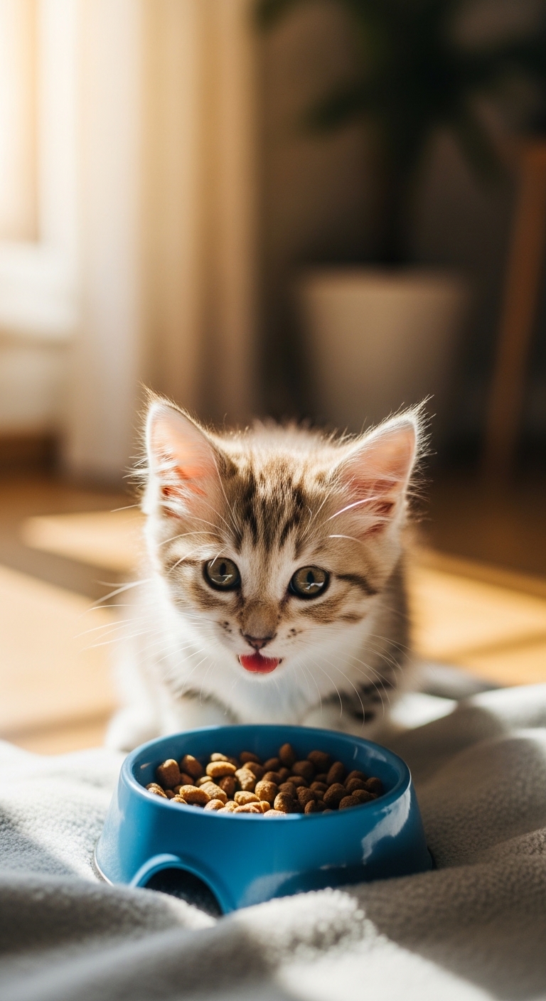A kitten eating food from a bowl.