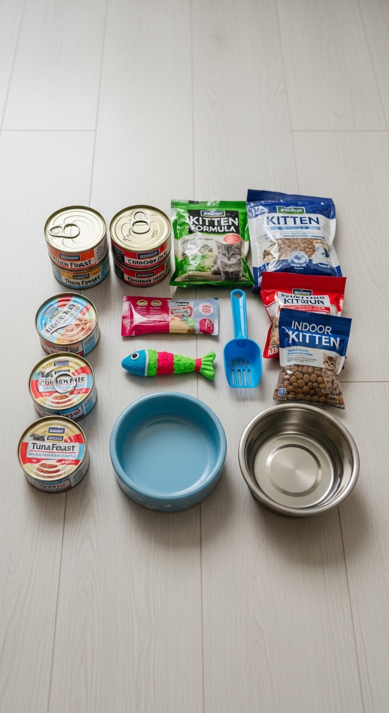 A variety of cat foods are displayed on a table.