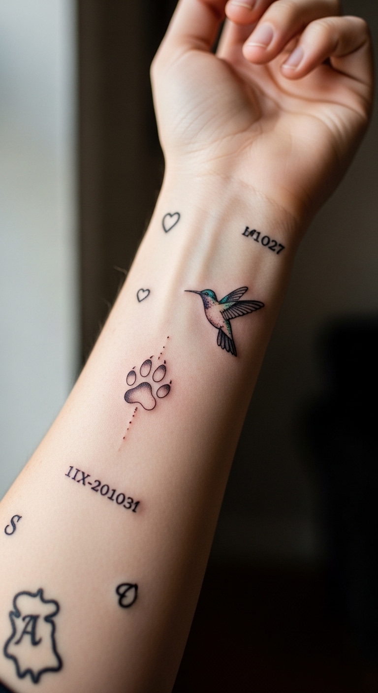 A person has a tattoo of a bird and a paw print on their arm.