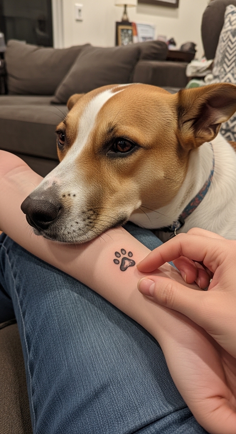 A dog with a paw tattoo on its owner's arm.