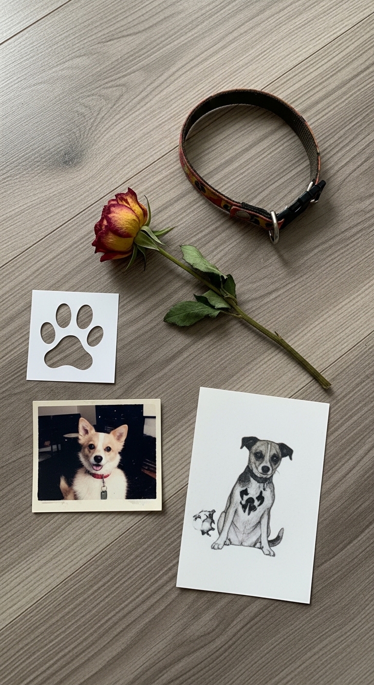 A picture of a dog with a rose and a paw print on a table.