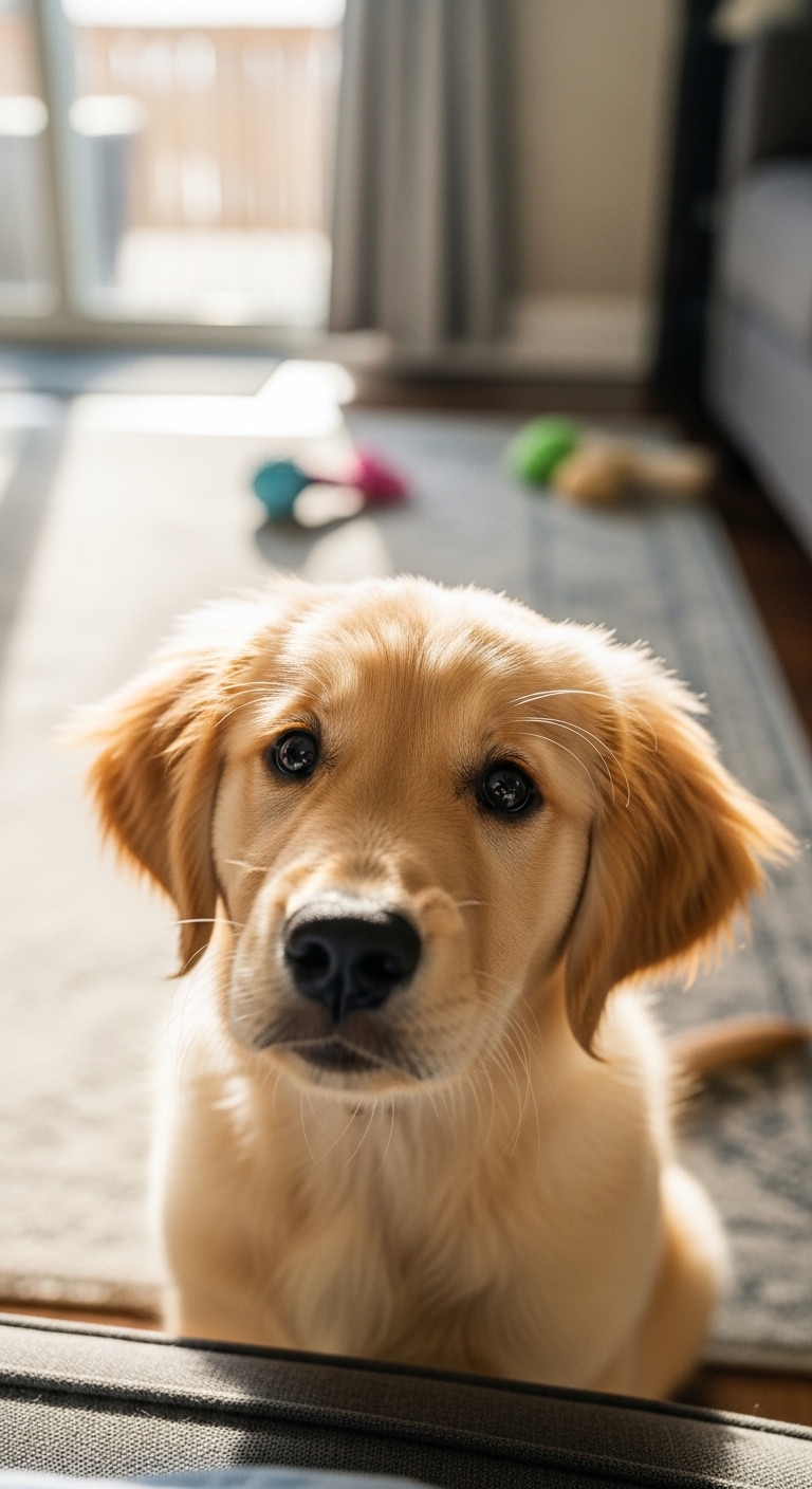 A golden retriever puppy with a black nose.