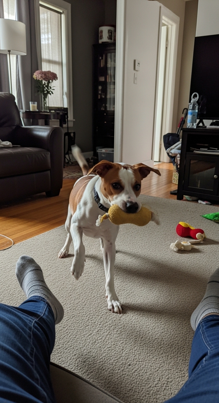 A dog holding a toy in its mouth.