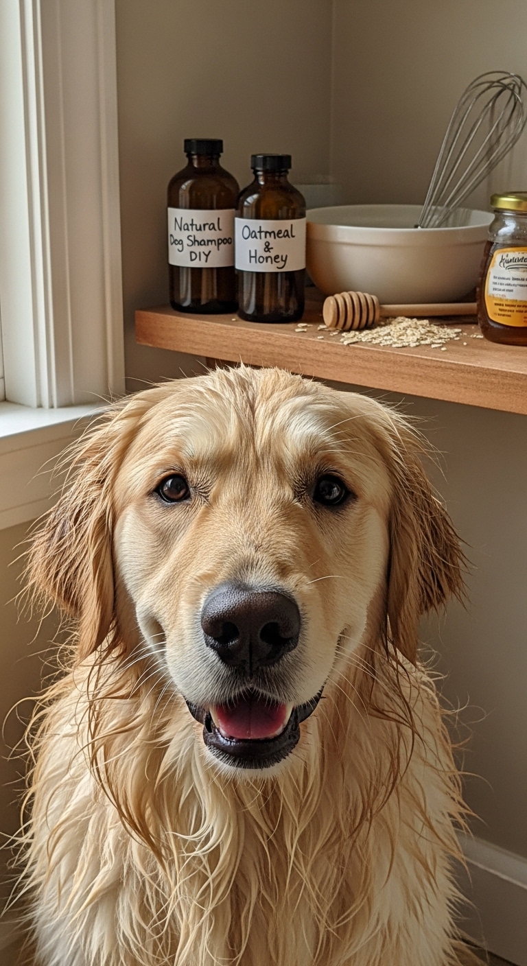 A wet dog with a smile on its face.