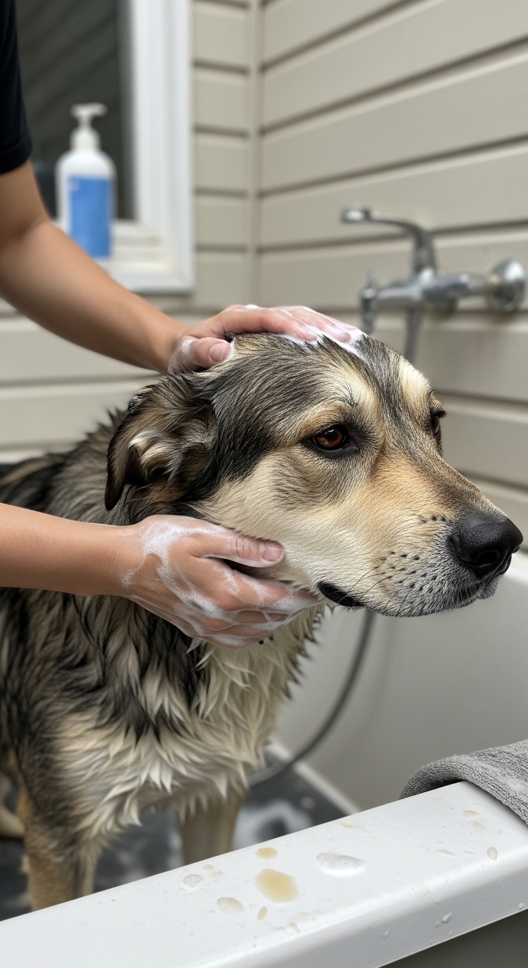 A person is washing a dog with natural dog shampoo.