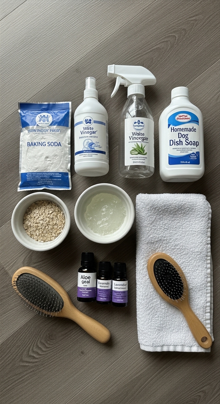 A collection of natural dog shampoo ingredients.